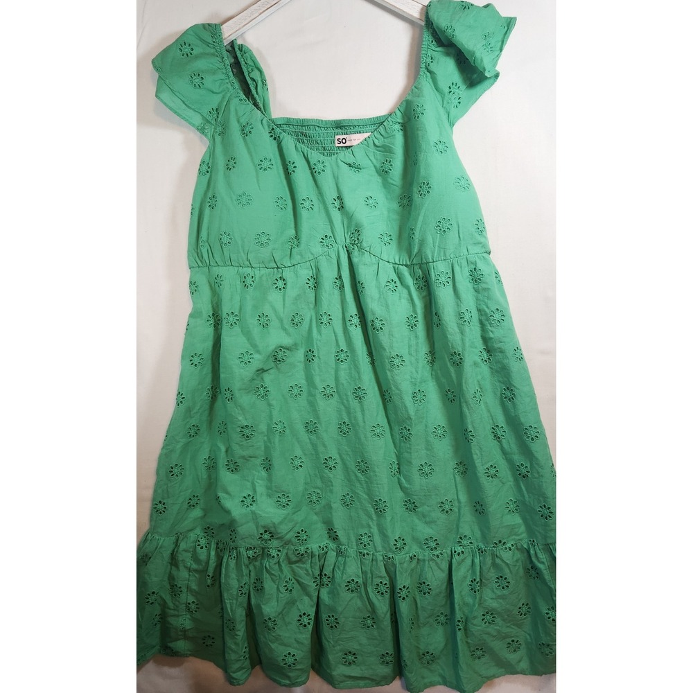 SO Goods For Life Green Eyelet Cotton Mini Dress XXL Smocked Back Flutter Sleeve